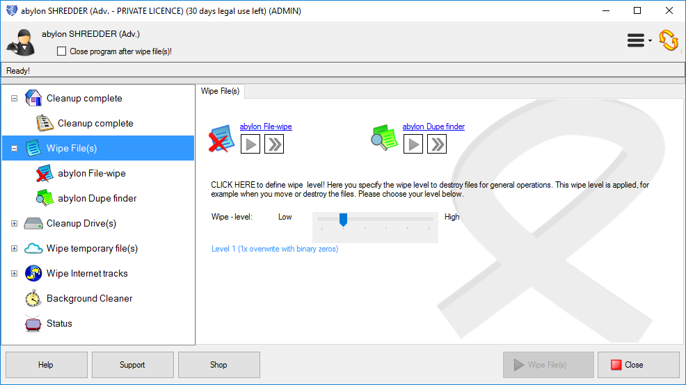 abylon SHREDDER, Access Restriction Software Screenshot