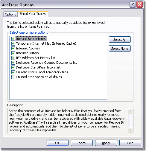 AceErase Pro File Shredder and History Eraser, Security Software Screenshot
