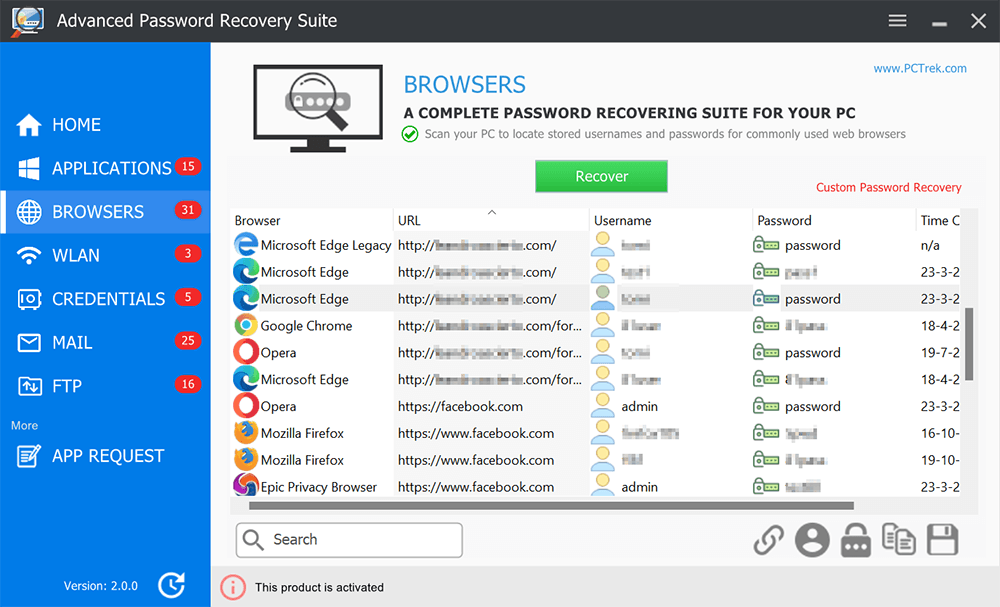 Advanced Password Recovery Suite, Password Manager Software Screenshot