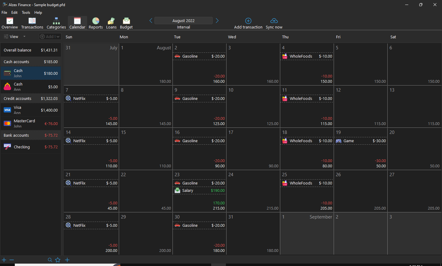 Alzex Finance Pro, Personal Finance Software Screenshot