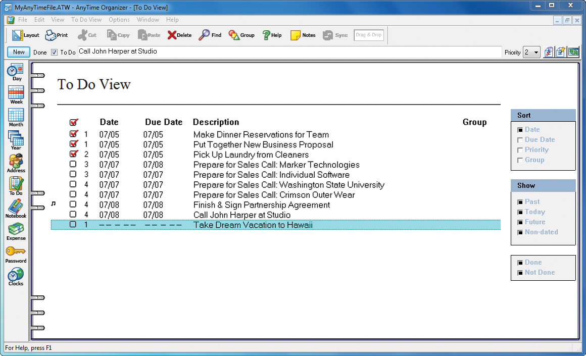 Organization Software, AnyTime Organizer Deluxe Screenshot