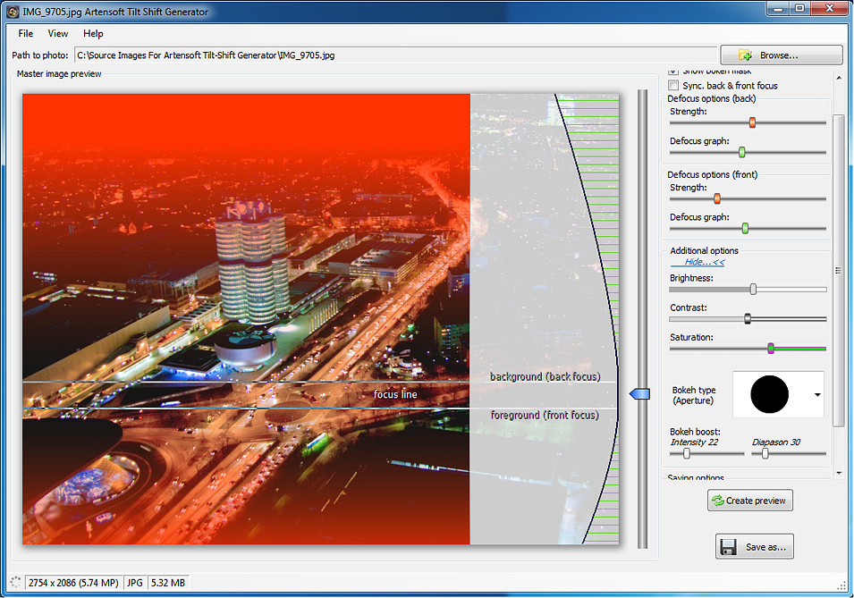 Artensoft Tilt Shift Generator, Design, Photo & Graphics Software, Photo Editing Software Screenshot