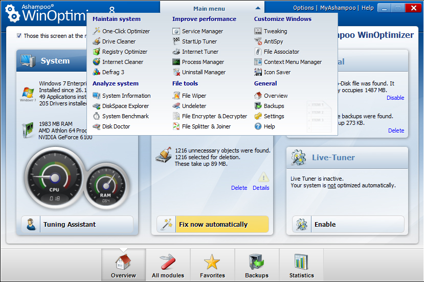 System Tweaker Software, Ashampoo WinOptimizer 8 Screenshot