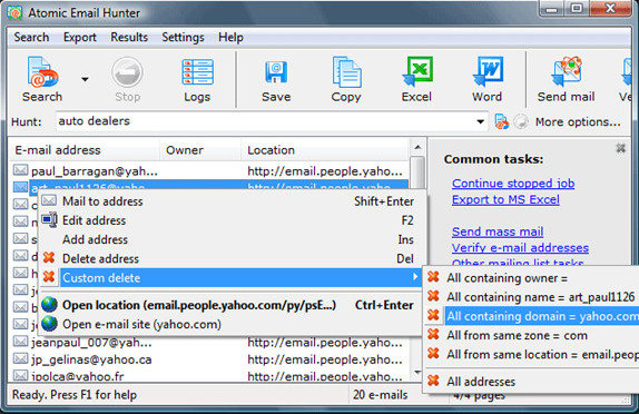 Internet Software, Atomic Email Hunter Screenshot