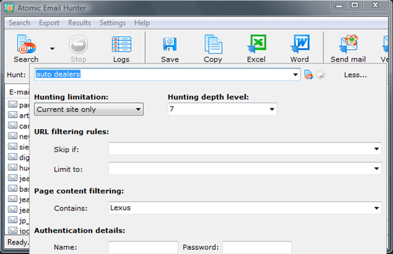 Atomic Email Hunter, Email Extraction Software Screenshot