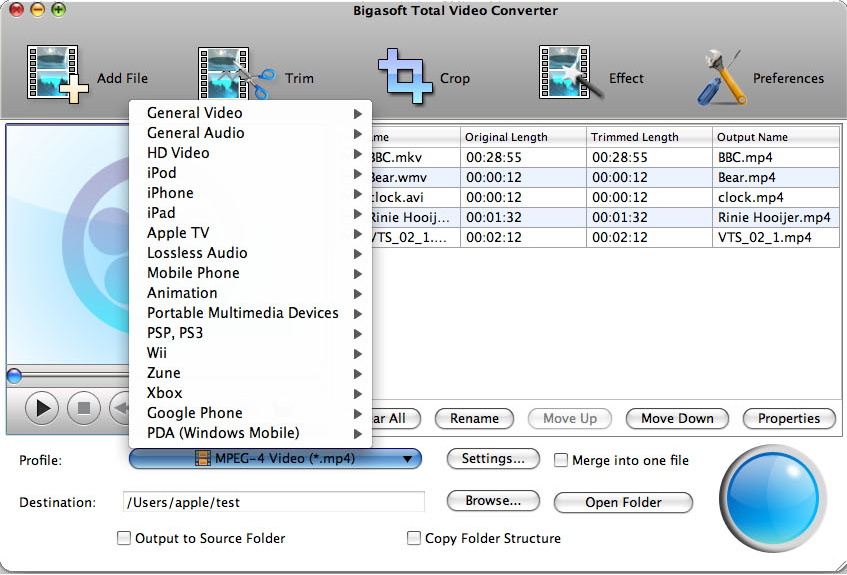 Bigasoft Total Video Converter for Mac, Video Software Screenshot