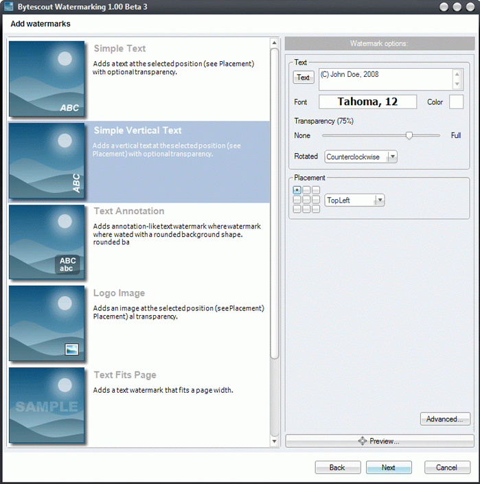Bytescout Watermarking Pro, Watermark Software Screenshot