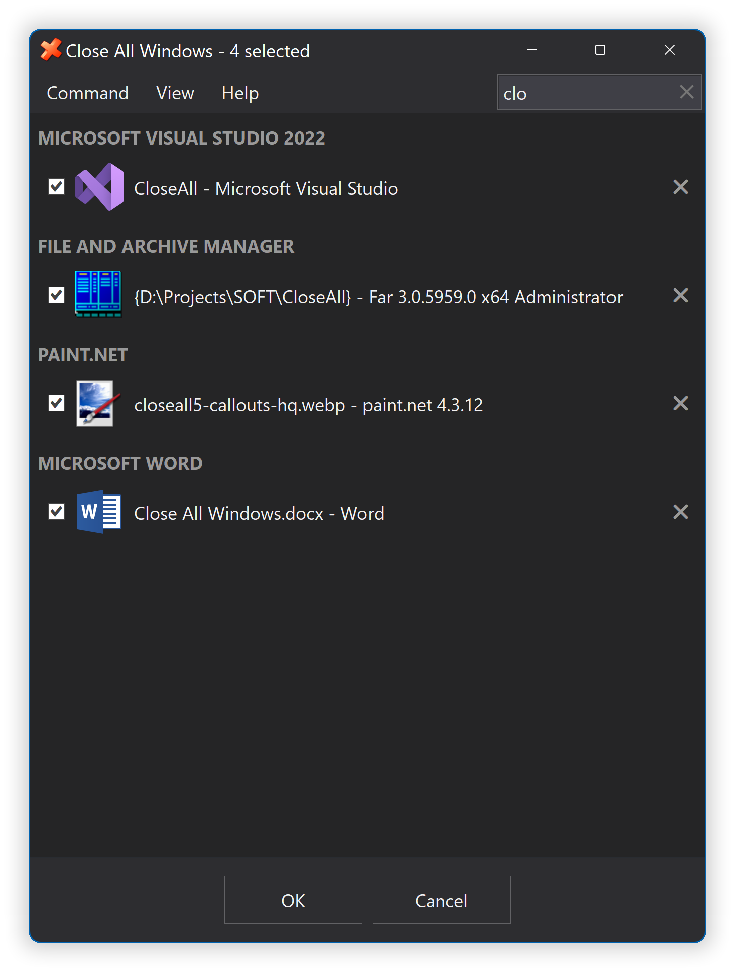 Task Manager Software, Close All Windows Screenshot