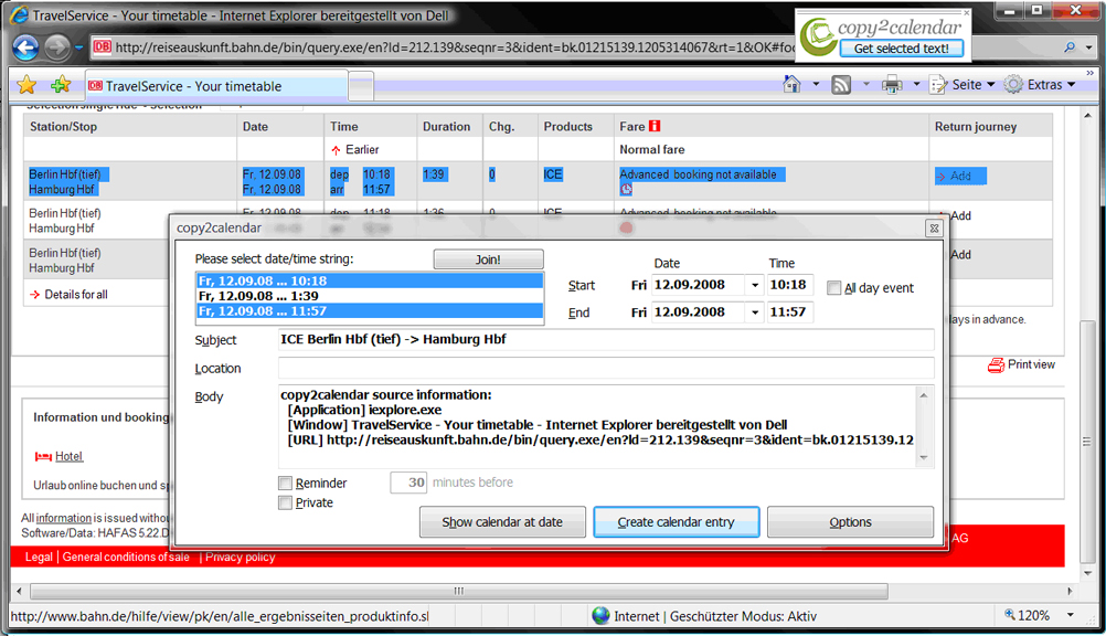 copy2calendar, Productivity Software Screenshot