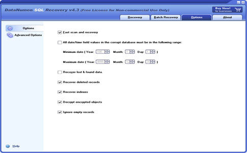 DataNumen SQL Recovery, Database Software Screenshot