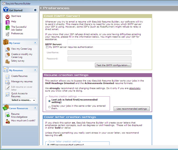EasyJob Resume Builder, Productivity Software Screenshot