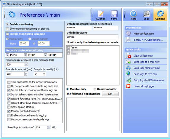 Elite Keylogger, Activity Monitoring Software Screenshot