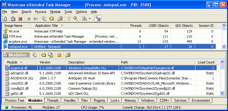 eXtended Task Manager, Desktop Customization Software Screenshot