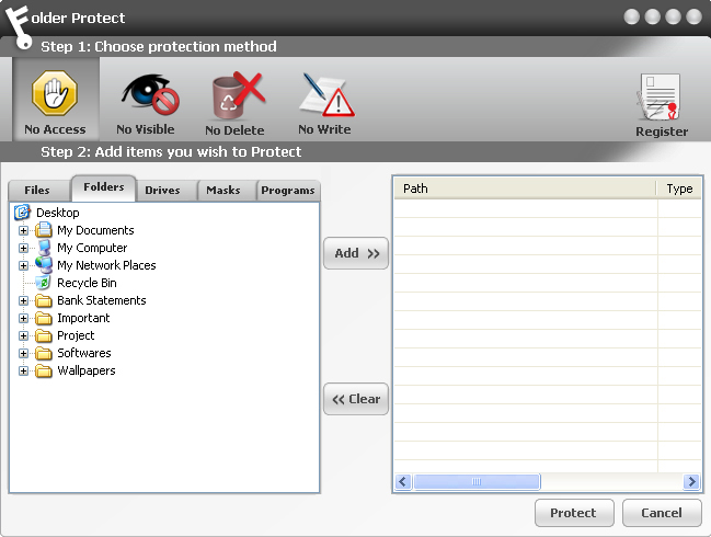 Folder protect, Security Software Screenshot