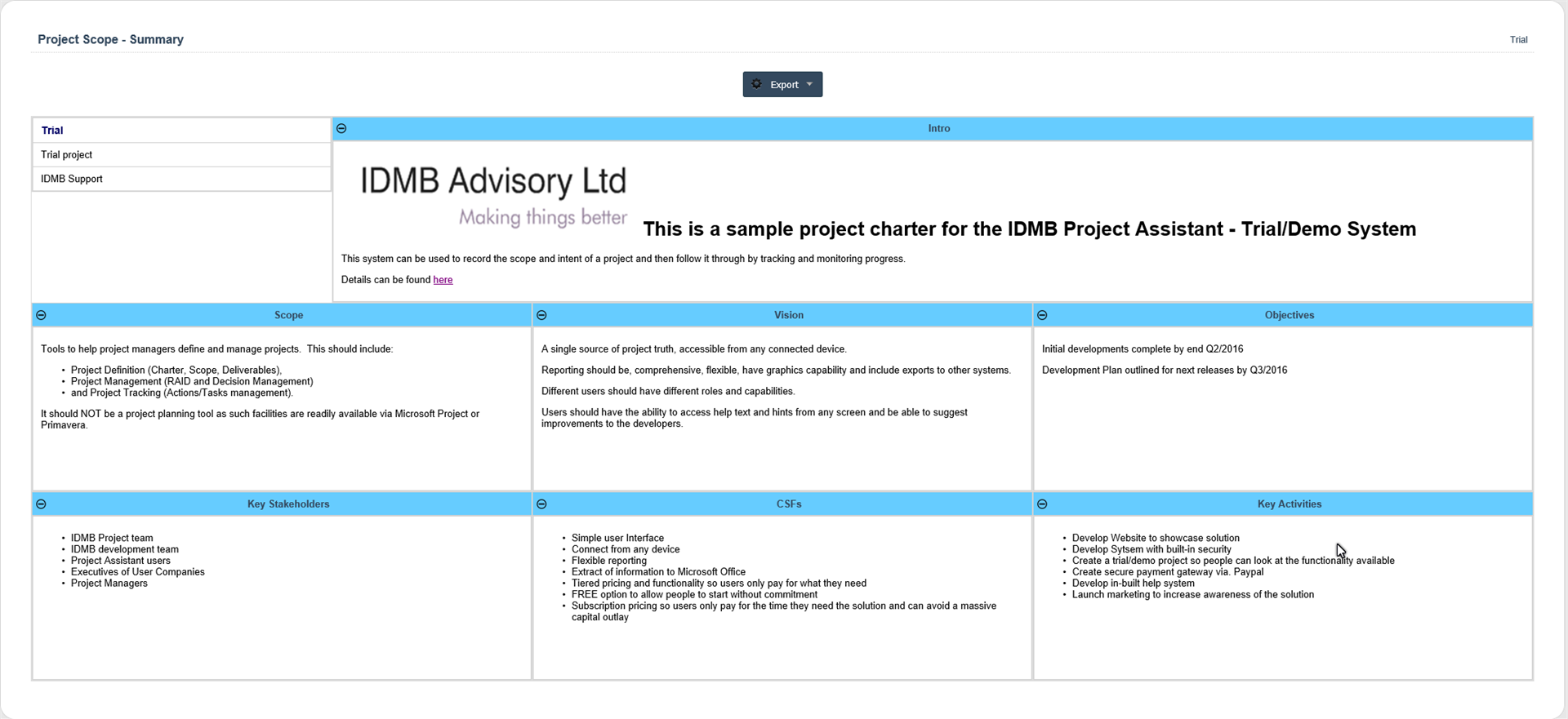 Productivity Software, IDMB Project Assistant Screenshot