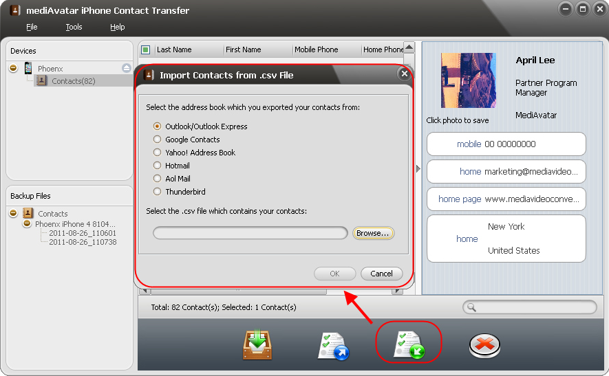 Audio Software, mediAvatar iPhone Contact Transfer Screenshot