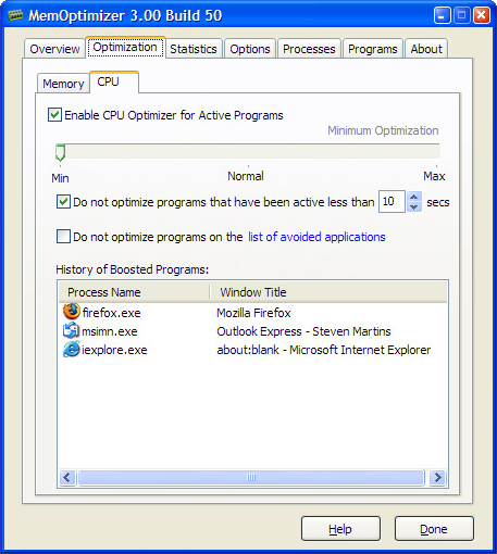 MemOptimizer, System Tweaker Software Screenshot