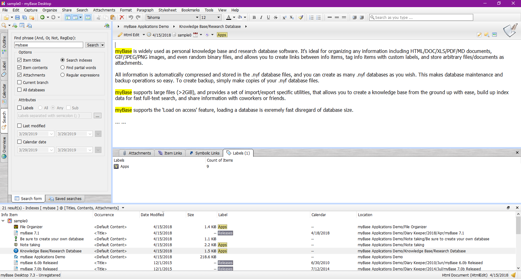 Notes Software, Mybase Desktop 8.x Screenshot