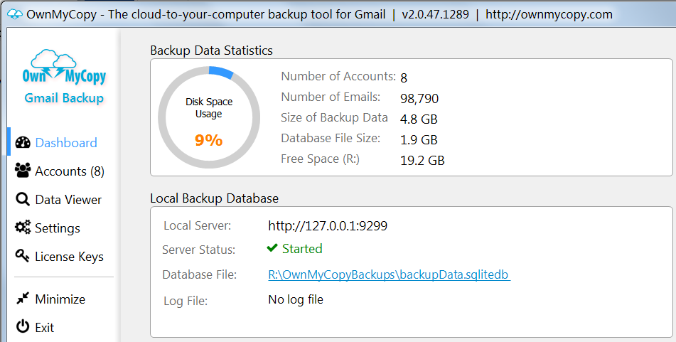 OwnMyCopy Gmail Backup, Security Software Screenshot