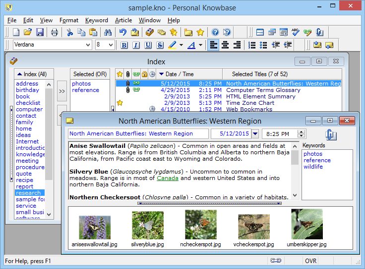 Personal Knowbase, PIM Software Screenshot