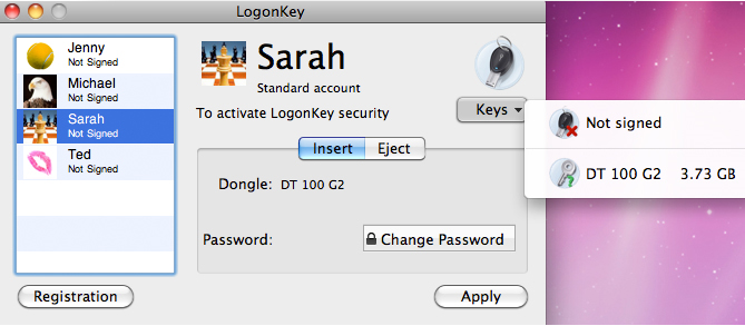 ProteMac LogonKey, Security Software Screenshot