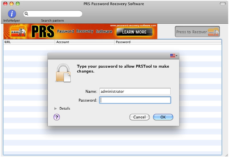 PRS Password Recovery Software for MAC Screenshot