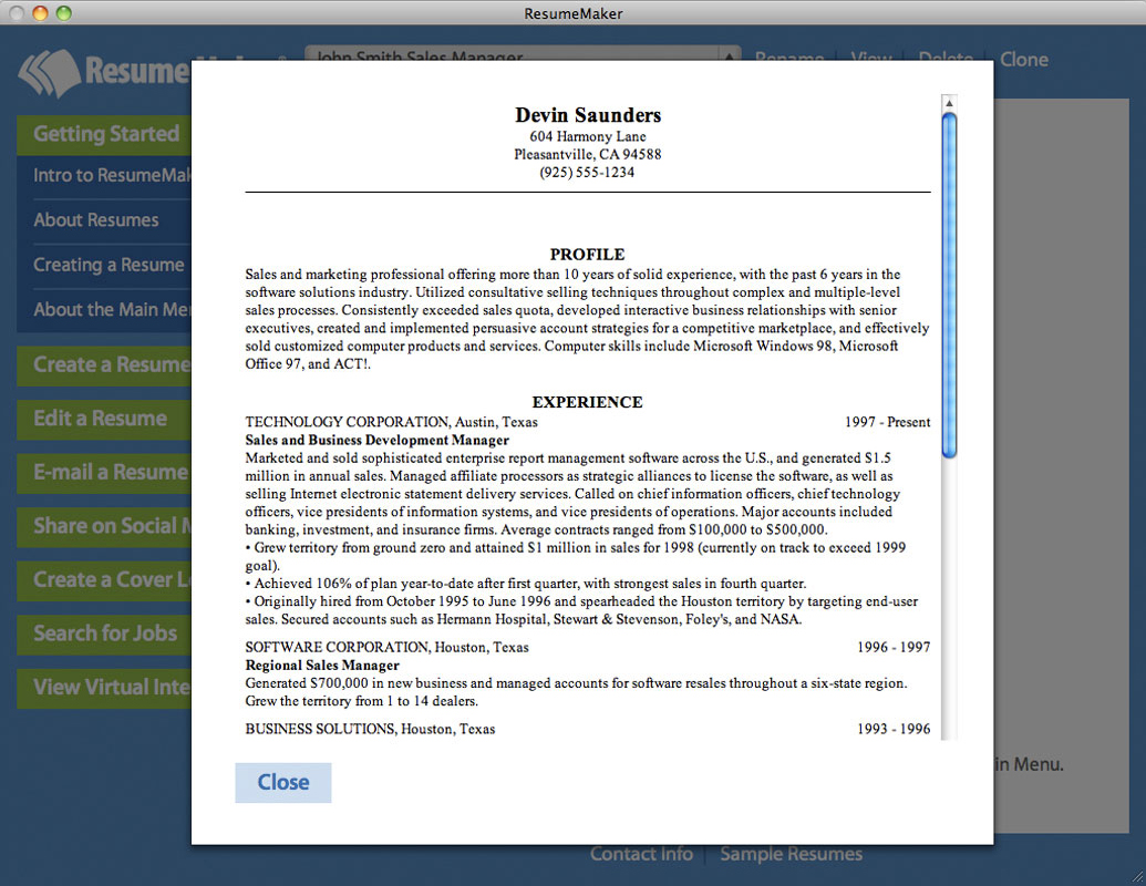 Resume Maker for Mac, Business Management Software Screenshot