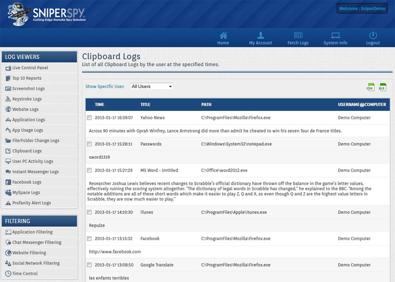 SniperSpy, Access Restriction Software Screenshot