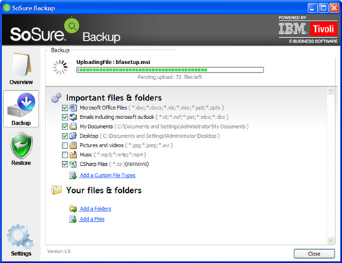 Security Software, SoSure - Online Backup Screenshot