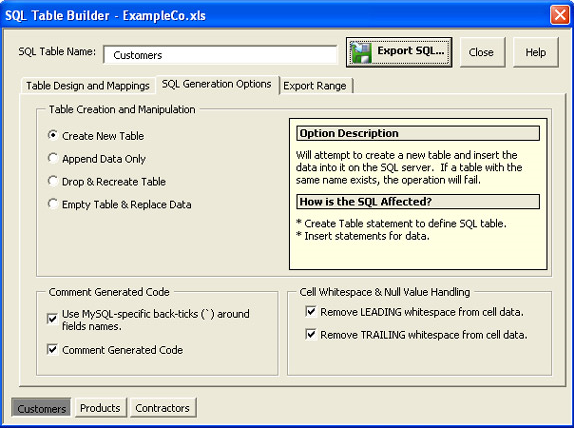 SQL Converter for Excel, Development Software Screenshot