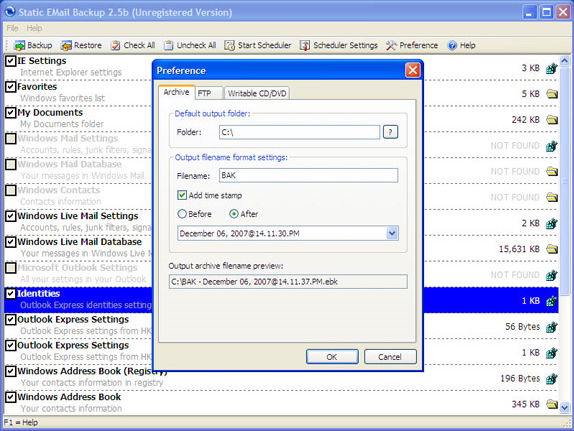 Static EMail Backup, Security Software Screenshot