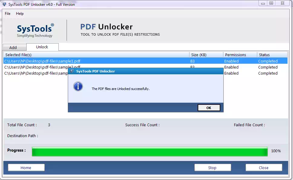 SysTools PDF Unlocker, PDF Utilities Software Screenshot