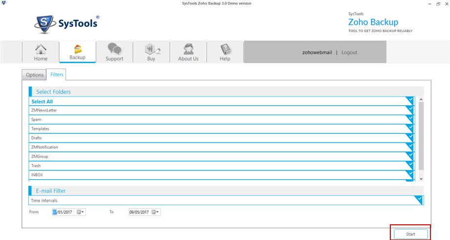 SysTools Zoho Backup Tool, Backup Email Software Screenshot