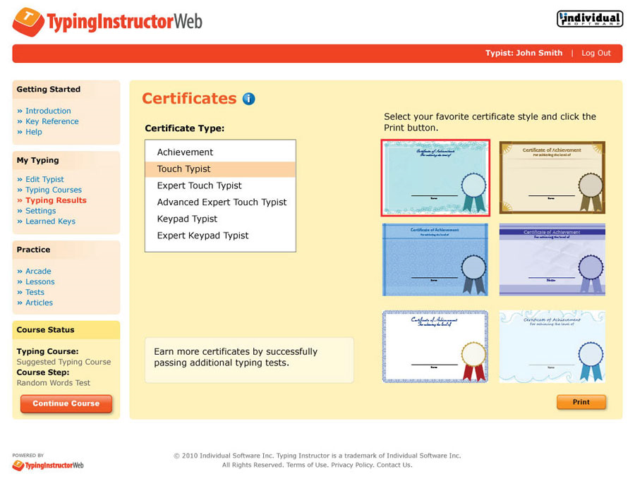 Typing Instructor Web Annual Subscription, Typing Software Screenshot