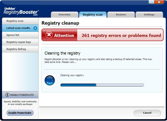 Registry Cleaner Software, Uniblue Registry Booster 2009 Screenshot