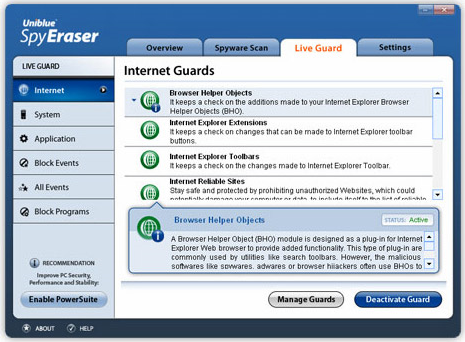 Uniblue Spy Eraser, Security Software Screenshot