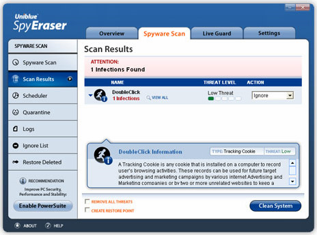 Uniblue Spy Eraser, Antivirus Software Screenshot