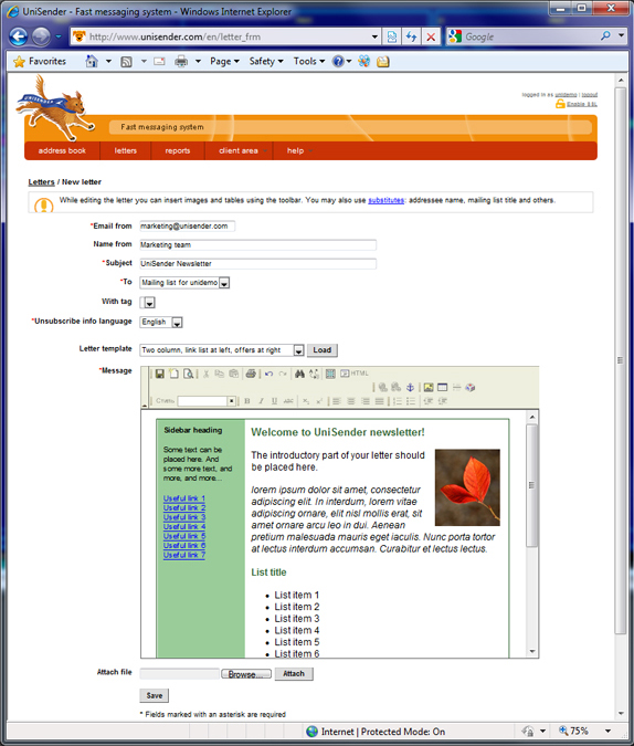 UniSender, Bulk Mailer Software Screenshot