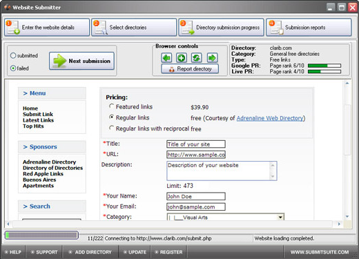 Website Submitter, Development Software Screenshot