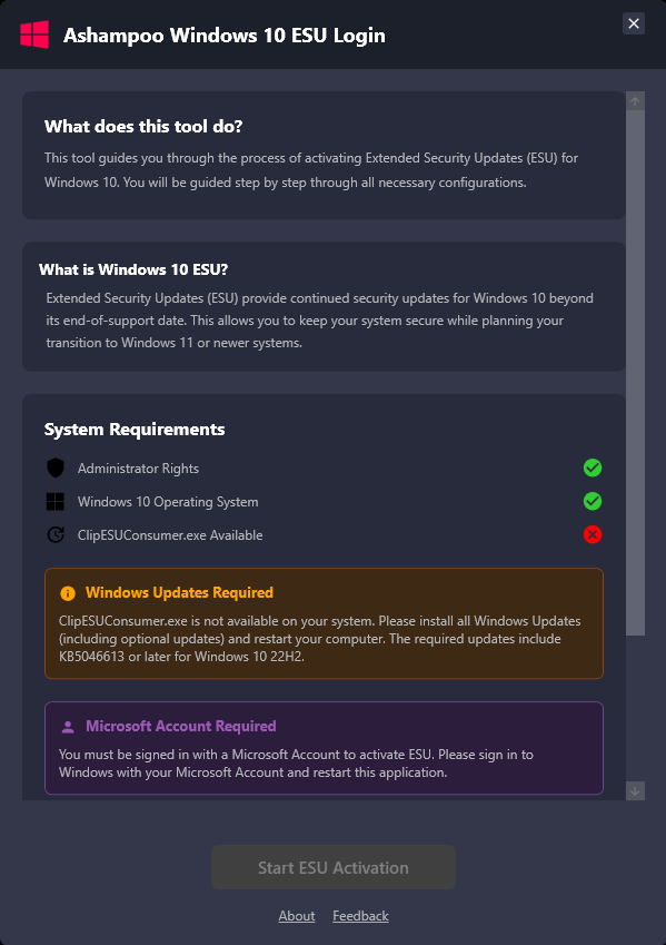 Windows 10 ESU Login Screenshot