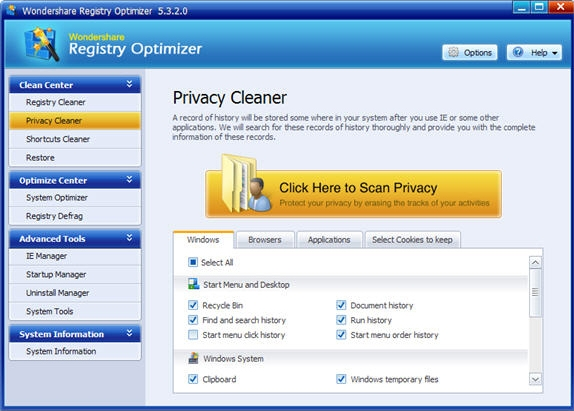 Wondershare Registry Optimizer, Registry Cleaner Software Screenshot