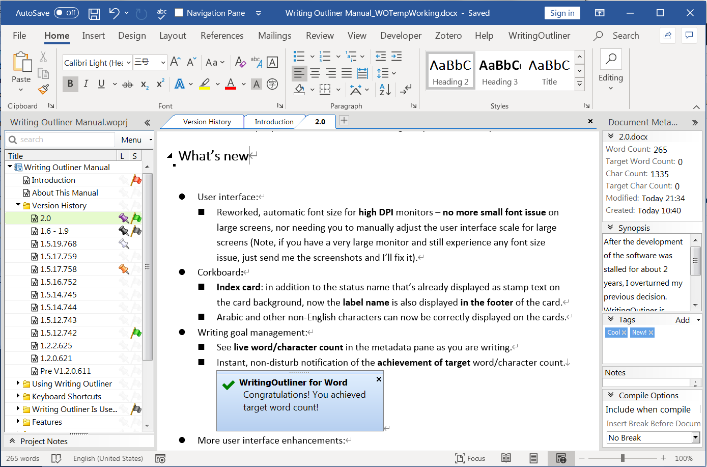Writing Outliner for MS Word Screenshot